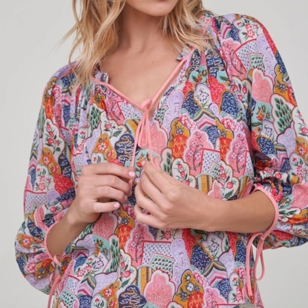 RHODE Resort Abstract Patterned Multi Color Tie Collar Bohemian Patchwork Top - Picture 8 of 9